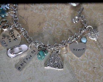 50th Birthday Gift for Her, 50th Birthday Charm Bracelet, BFF Birthday Gift, Birthday Gift for Sister, Silver and Turquoise, Pizza Charm