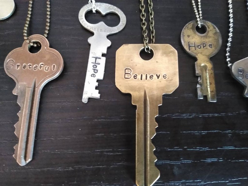 Keys, Authentic Vintage Key Necklace, Custom Hand Stamped Personalized Jewelry, Encouraging Gift, Personalized Gifts, Giving Key Necklace, image 1