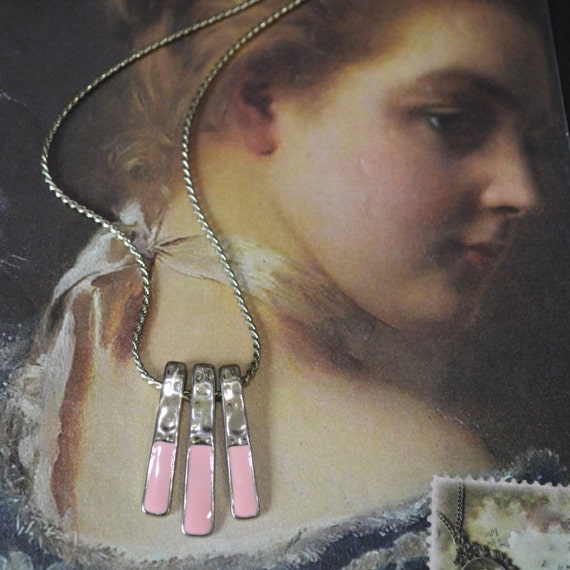 Pink Enamel Necklace, Gold Metal Pink Enamel Neck… - image 1