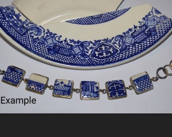 Japanese Blue Willow Bracelet, China Shard Bracelet, Broken China Jewelry, Mosaic Shard, Vintage Japanese Porcelain, Broken Pottery, OOAK