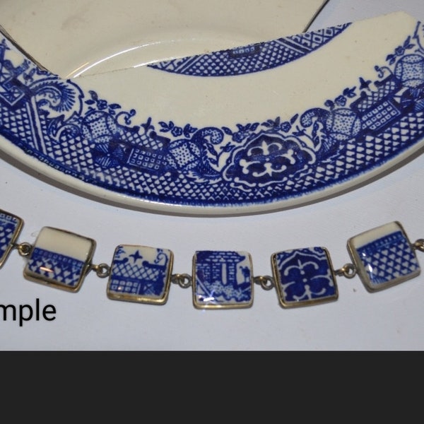 Japanese Blue Willow Bracelet, China Shard Bracelet, Broken China Jewelry, Mosaic Shard, Vintage Japanese Porcelain, Broken Pottery, OOAK