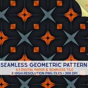 Puede incluir: Un patrón geométrico sin costuras con estrellas naranjas de cuatro puntas y pequeños cuadrados naranjas sobre un fondo gris oscuro. El texto dice: SEAMLESS GEOMETRIC PATTERN, A3 DIGITAL PAPER & SEAMLESS TILE, 2 HIGH-RESOLUTION PNG FILES • 300 DPI.