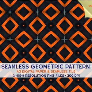Puede incluir: Un patrón geométrico sin costuras con formas de diamante naranjas repetidas sobre un fondo gris oscuro. El diseño incluye pequeños acentos de estrellas de cuatro puntas. El texto dice: SEAMLESS GEOMETRIC PATTERN, A3 DIGITAL PAPER & SEAMLESS TILE, 2 HIGH-RESOLUTION PNG FILES • 300 DPI, e INSTANT DOWNLOAD.