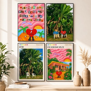 Peut inclure: Quatre affiches murales encadrées aux illustrations vibrantes. L'affiche en haut à gauche montre un personnage en forme de cœur rouge triste avec du texte en espagnol. Celles en haut à droite et en bas à gauche présentent des paysages tropicaux avec des bananiers. L'affiche en bas à droite représente une maison rose.