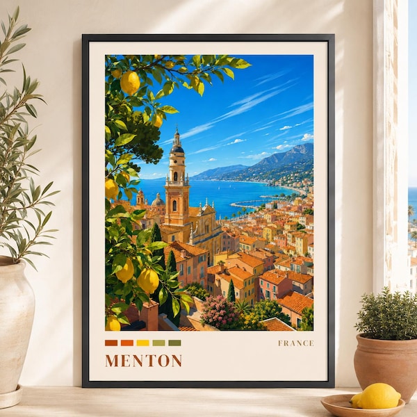 Menton France Poster, French Riviera Wall Art, Cote d Azur Travel Print, Mediterranean Decor, France Gift