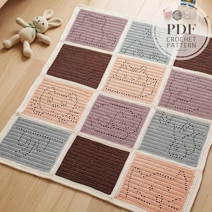May include: A crochet blanket featuring a grid of square panels in shades of brown, peach, blue, and mauve, each displaying a cat silhouette created with openwork stitches. The blanket is bordered in cream and includes a PDF CROCHET PATTERN label.
