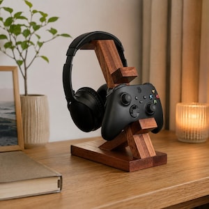 Solid Wood Gaming Headset Stand and Controller Holder – Minimalist Desktop Organizer with Double Shelves for Gamer Setup