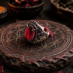 Può includere: Un anello color argento con una grande pietra rossa dal taglio ovale incastonata al centro. La fascia presenta una lavorazione in metallo complessa, che include un rilievo dettagliato di uno scorpione sul lato e un bordo di piccole pietre rosse.