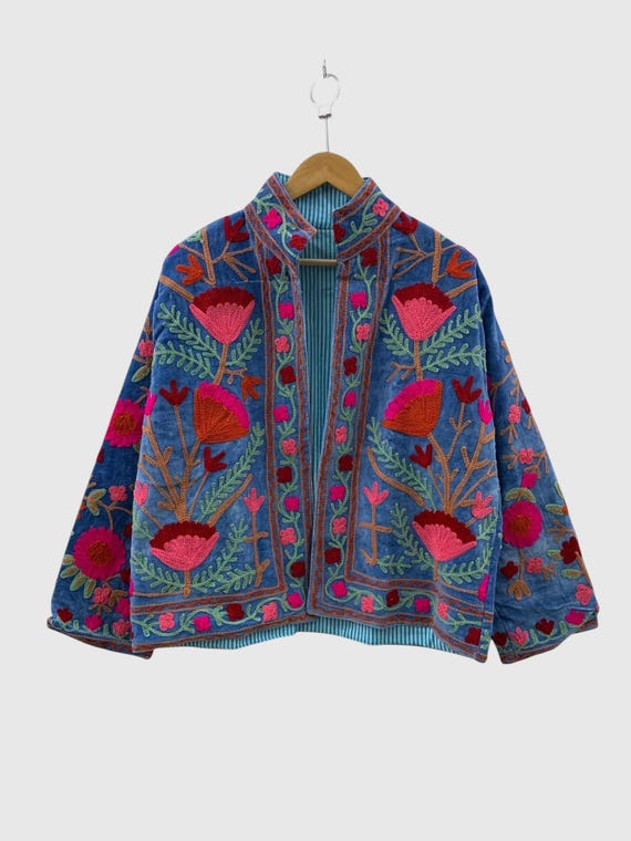 Handmade Embroidered Velvet Suzani Jacket, Blue Bomber Suzani Jacket, Suzani Uzbek Jacket, Unisex Jacket, Short Suzani Jacket