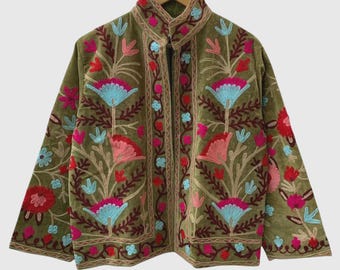 Giacca verde in velluto Suzani ricamata a mano, giacca boho indiana hippie, giacca corta Suzani, giacca in velluto da donna