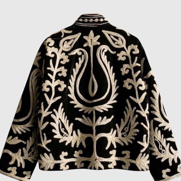 Hand Embroidered Suzani Velvet Black Jacket, Unisex Adult Bomber Jacket, Winter Wear Warm Jacket, Suzani Short Uzbek Jacket, Size Available
