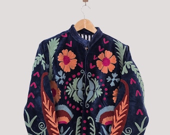 Bohemian Velvet Suzani Jacket | Handcrafted Embroidered Coat | Vintage Textile Jacket | Ethical Fashion Gift For Her