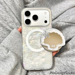 Skimrande havskal MagSafe iPhone-skal, genomskinligt telefonskal med spegelskal sjöstjärna pop-on-socket för iPhone 17/16/15/14/13 Pro Max