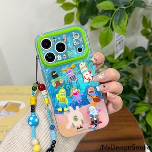 3D Marine Creatures Cartoon  iPhone Case, Lime Green Camera Frame Cover With Multicolor Beaded Wrist Lanyard For iPhone 17/16/15 Pro Max