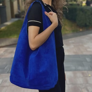 Blue Leather Hobo toto Bag, Handmade Suede Shoulder Bag, Minimalist Leather Tote, Large Everyday Purse, Soft Slouchy Bag for Women