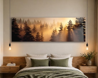 Dimmig skog i glas, panoramautsikt över tallträd, gyllene solljus, modern lyxig inredningskonst för väggdekoration i hemmet