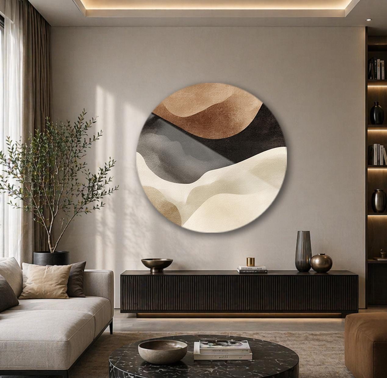 Neutral Abstract Round Glass Wall Art, Beige Black Brown Circular Decor, Minimal Modern Artwork for Home Wall Decor