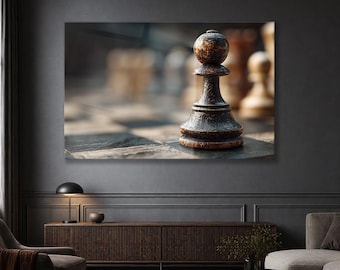 Arte de parede em vidro com peões de xadrez, decoração para jogo de estratégia, peça marcante em tons de marrom e preto, obra de arte moderna e luxuosa para decoração de parede.