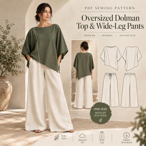 Könnte beinhalten: Ein PDF-Schnittmuster für ein übergroßes Dolman-Oberteil und eine weite Hose. Das Set besteht aus einem dunkelolivgrünen Oberteil mit diagonaler Naht und einer cremefarbenen weiten Hose. Technische Zeichnungen zeigen Vorder- und Rückansicht.