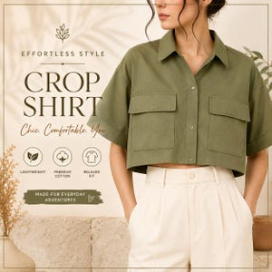 Op de afbeelding: Een olijfgroen, kort overhemd met korte mouwen, een klassieke kraag, een knoopsluiting aan de voorzijde en twee grote borstzakken met kleppen. De tekst luidt EFFORTLESS STYLE CROP SHIRT, Chic. Comfortable. You., LIGHTWEIGHT, PREMIUM COTTON, RELAXED FIT en MADE FOR EVERYDAY ADVENTURES.