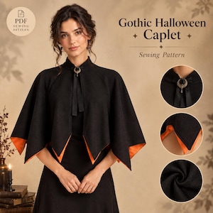 Könnte beinhalten: Ein Schnittmuster für ein schwarzes Cape mit Stehkragen, dekorativem Verschluss und leuchtend orangefarbenem Futter. Das Kleidungsstück hat einen gezackten Saum. Text auf dem Bild: Gothic Halloween Caplet Sewing Pattern. Enthält kreisförmige Details.