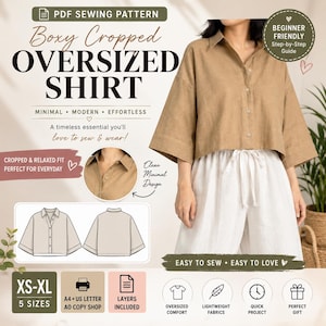 May include: A PDF sewing pattern for a boxy cropped oversized shirt. The design features a tan button-down shirt with wide sleeves and a relaxed fit. The image includes text, a technical line drawing of the shirt, and icons for five sizes.