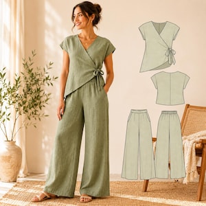 Peut inclure: Un haut portefeuille vert sauge à manches courtes avec un lien latéral, associé à un pantalon large assorti doté d'une taille élastique et de poches latérales. Des croquis techniques montrent les vues avant et arrière du haut et du pantalon.