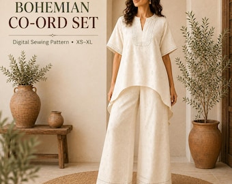 May include: A cream-colored co-ord set featuring a short-sleeved tunic with a split neckline and wide-leg trousers, both adorned with a delicate eyelet pattern. The text reads: BOHEMIAN CO-ORD SET Digital Sewing Pattern XS-XL.