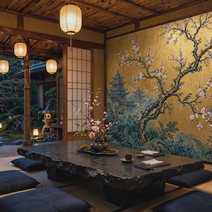 Pode incluir: Uma sala com uma mesa baixa de pedra preta e almofadas de chão, iluminada por lanternas de papel suspensas. Um grande mural de parede retrata uma árvore florida com pássaros e um portão de pedra num fundo dourado, com vista para um jardim.