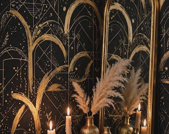 Czarno-złota tapeta w stylu boho | Złoty łuk w stylu art déco | Luksusowa czarna tapeta | Złota boho łazienka sypialnia jadalnia