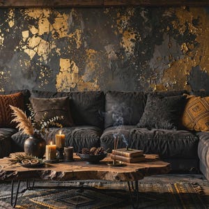 May include: A large charcoal gray sectional sofa with various textured throw pillows in shades of brown and orange, positioned in front of a dark wall with gold leaf accents. A natural wood slab coffee table sits in front with candles and decor.