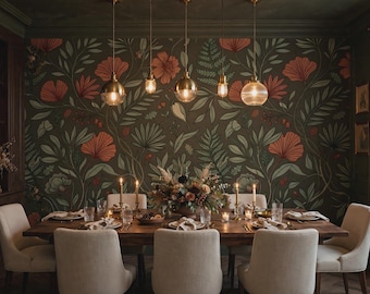 Dark Botanical Wallpaper Terracotta and Sage Green | Moody Ginkgo Leaf Peel and Stick | Vintage Dark Academia Floral Mural | Luxury Wall Art