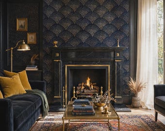 Midnight Art Deco Wallpaper Mural | Indigo Velvet Fan Wallpaper | Black Gold Wall Mural | Dark Luxury Peel and Stick | Night Garden