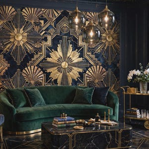 May include: A dark green velvet sofa positioned in front of a wall featuring a geometric gold and navy blue pattern. The room includes a black marble coffee table, two blue velvet armchairs with gold frames, and a gold metal bar cart with wheels.