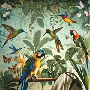 May include: A vibrant jungle-themed wallpaper mural featuring a blue and yellow macaw perched on a branch, a red and green macaw, and several hummingbirds in flight. The scene is filled with lush green tropical leaves, white flowers, and butterflies.