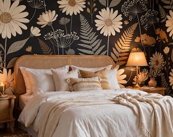 Dunkle, selbstklebende Blumentapete – Boho-Gänseblümchentapete – Abnehmbare Vintage-Tapete mit botanischem Muster – Wandbild mit Blumenmuster in Braun, Salbeigrün und Creme