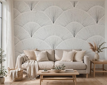 Minimalistische Art-déco-Fächertapete | Schwarz-Weiß-Linienkunst | Selbstklebende Japandi-Tapete | Abnehmbares geometrisches Wandbild