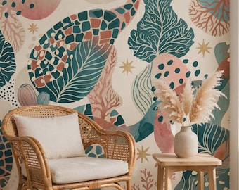 Boho Abstract Wallpaper Mural | Botanical Terracotta Teal Wall Art | Modern Colorful Peel and Stick Removable Wall Mural