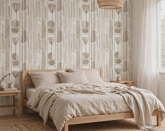 Boho-Tapete mit botanischem Fischgrätmuster | Wabi-Sabi-Wandbild in neutralem Beige | Minimalistische Japandi-Tapete zum Selbstkleben
