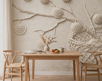 Wabi Sabi Plaster Mural Wallpaper | Japandi Basket Branch Bas-Relief | Beige Neutral Textured Peel and Stick Mural