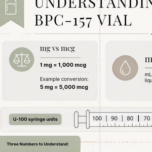 以下が含まれることがあります： Understanding BPC-157 Vialと題された、ライトグリーンと白の配色による教育用インフォグラフィック。mg対mcgの換算表（1mgは1,000mcgに相当）や、数値目盛りが付いたU-100シリンジ単位のスケールが表示されています。