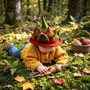 May include: A felted hat shaped like a dragon fruit with red and green pointed petals, worn with a mustard yellow knit sweater featuring bobble textures, blue pants, and a brown felted root vegetable held in the hands.