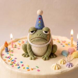 May include: A needle-felted green frog figurine wearing a blue party hat with a white pom-pom, positioned on a white frosted cake decorated with colorful sprinkles, small piped frosting swirls, miniature balloon shapes, and lit birthday candles.