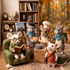 Cute Needle Felted Mouse Figurine Miniature Wool Felt Woodland Animal Dollhouse Collectible