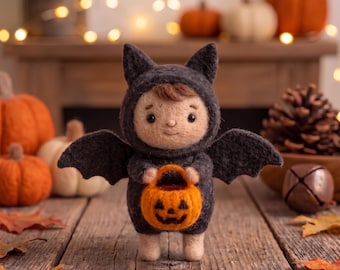 Nåltovad Halloween-fladdermusdocka söt läskig ullfigur höstbordsdekoration