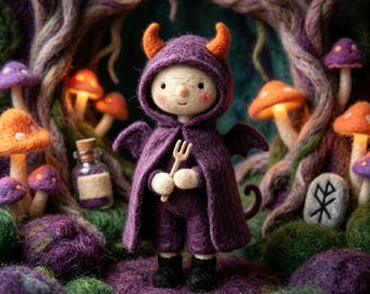 Statuetta di diavoletto viola realizzata a mano in feltro ad ago, carina e spettrale, perfetta per Halloween. Decorazione in stile cottagecore.