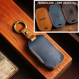 May include: A navy blue leather key fob cover with tan stitching and a brass-toned metal ring. An inset image shows three key fob covers in tan, blue, and dark grey with laser-engraved designs including the text NAME and a dog illustration.