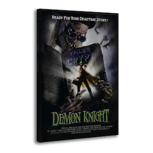 May include: A rectangular movie poster for Tales from the Crypt: Demon Knight. The image features a skeletal figure wearing round glasses holding an open book. A silhouette of a person stands within the book pages. Text reads Ready For Your Deadtime Story?, Tales from the Crypt, and Demon Knight.