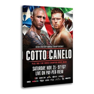 Op de afbeelding: Een rechthoekige promotieposter voor de Cotto vs Canelo Middleweight World Championship bokswedstrijd. De afbeelding toont portretten van Miguel Cotto en Canelo Alvarez tegen vlaggen, met evenementdetails inclusief datum en tijd.