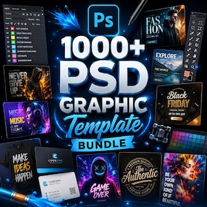 May include: A digital graphic design bundle featuring the text 1000+ PSD GRAPHIC Template BUNDLE in bold blue and white lettering. The composition includes various Photoshop interface elements, sample design templates, and a digital stylus pen.